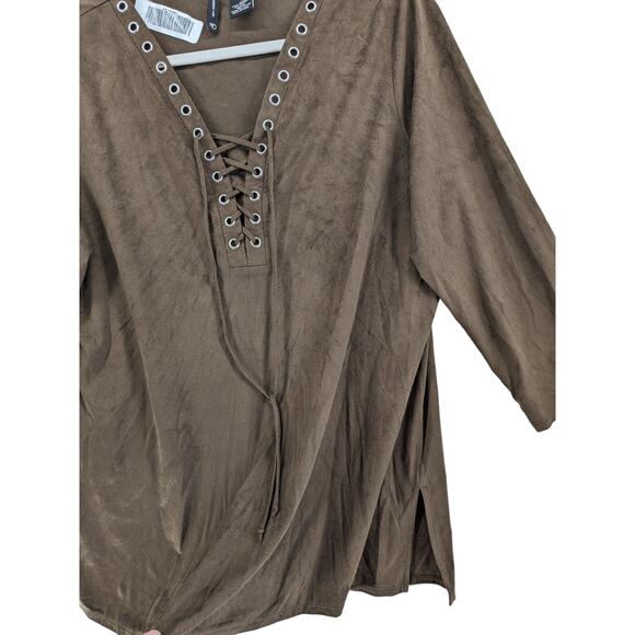 New Directions Lace Up Blouse‎ M Brown Suede Feel Lightweight Casual Top Office - Picture 2 of 8